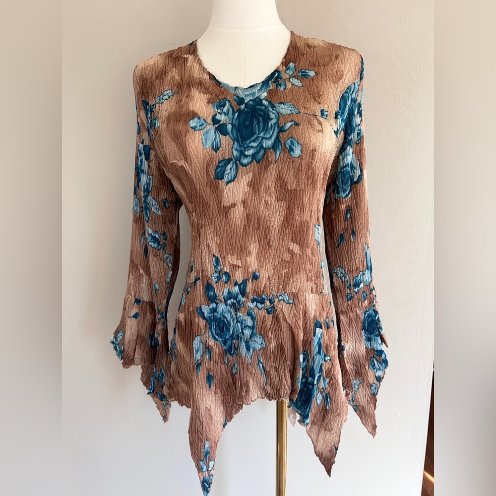 Y2K JAIPUR Asymmetric Earthy Floral Bell Sleeve Top Fairy Grunge Goblincore Sz L - Picture 3 of 16